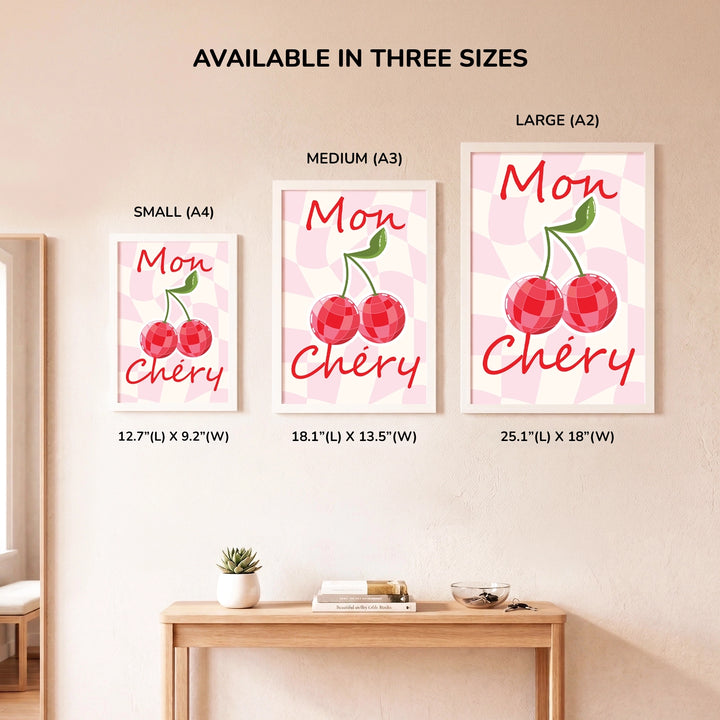  Mon Chery Wall Art - size comparison showing Small A4, Medium A3, and Large A2 frame options displayed together on a wall