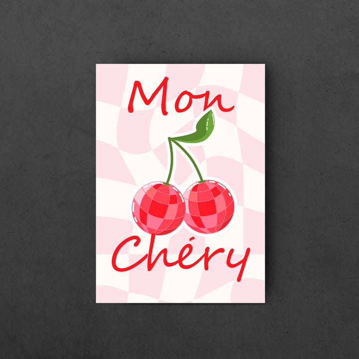 Mon Chery - poster of a Cherry in disco light effect illustration with Mon Chery text