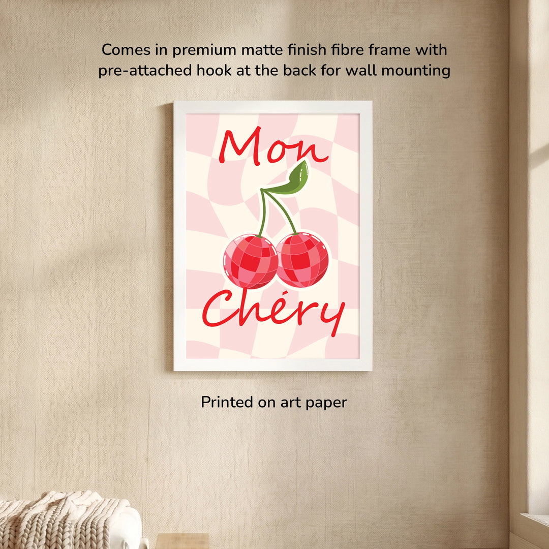 Mon Chery Wall Art - frame with white and pink geometric pattern, cherry in disco light effect illustration, premium matte finish frame