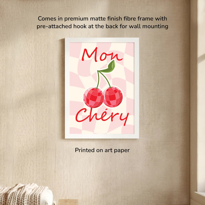 Mon Chery Wall Art - frame with white and pink geometric pattern, cherry in disco light effect illustration, premium matte finish frame