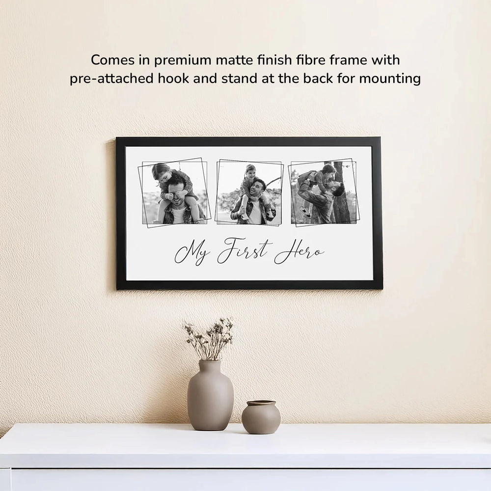 My First Hero, 12"x7" frame, mounted on a wall, table placed beneath the frame, small planter 