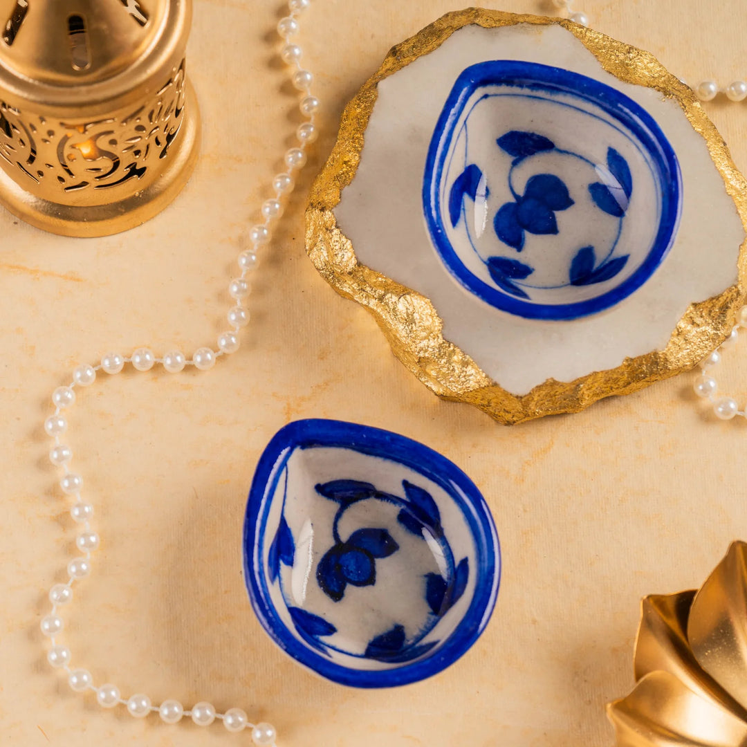 Blue Pottery Diya Set