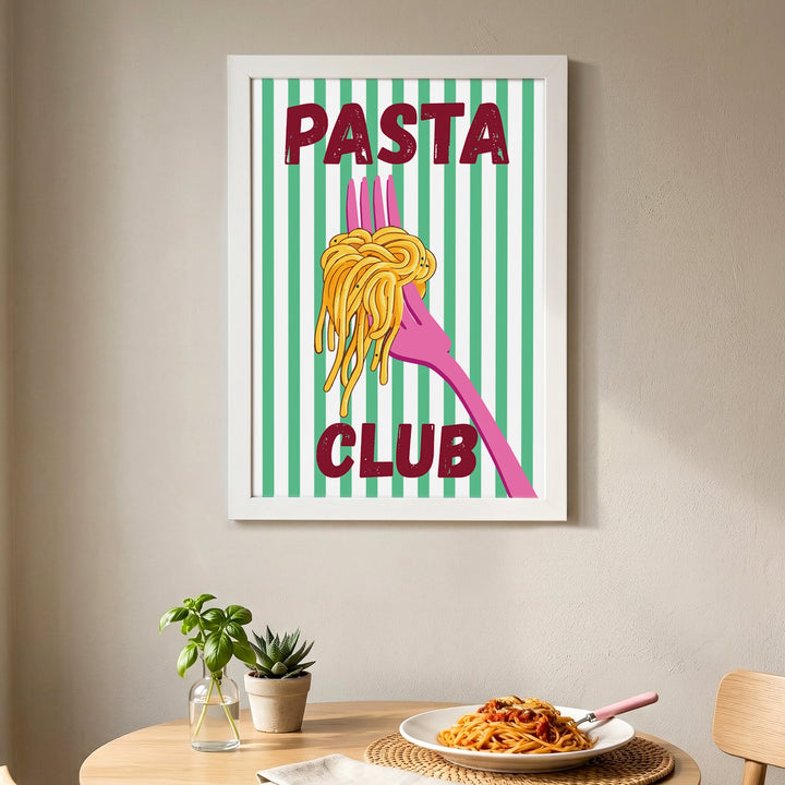 Pasta Club Wall Art - White framed Pasta in the fork illustration with Pasta Club text, green and white striped background, mounted on the wall