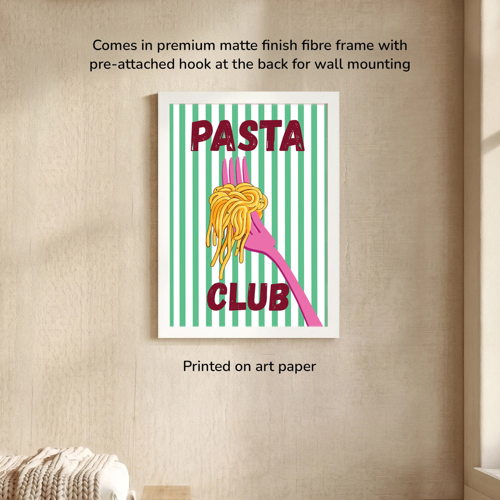 Pasta Club Wall Art - framed poster of a Pasta illustration with Pasta Club  text, premium matte-finish white frame 