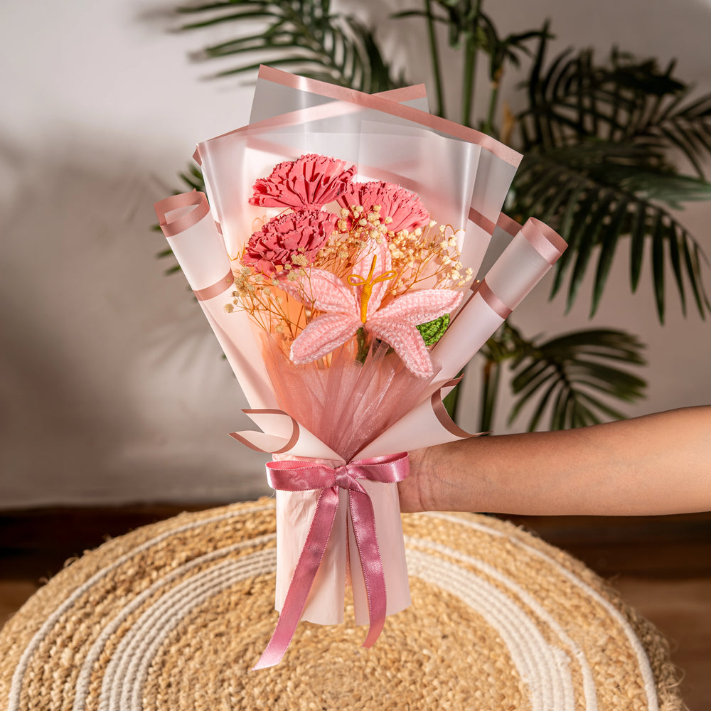 Pink sola wood and crochet lily forever flower bouquet in blush pink organza by The Zappy Box
