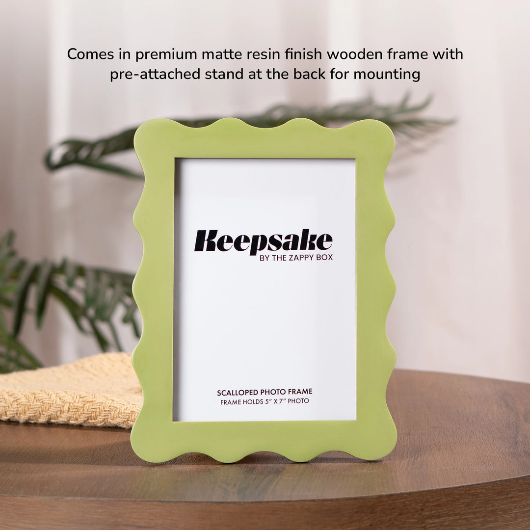 Scalloped Aesthetic Pastel Green Frame placed on the table, wooden frame with matte resin finish 