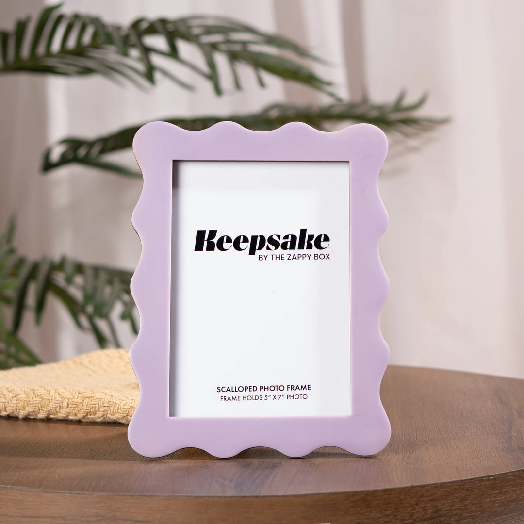 Scalloped Aesthetic Pastel Violet Frame placed on the table, wooden frame with matte resin finish 