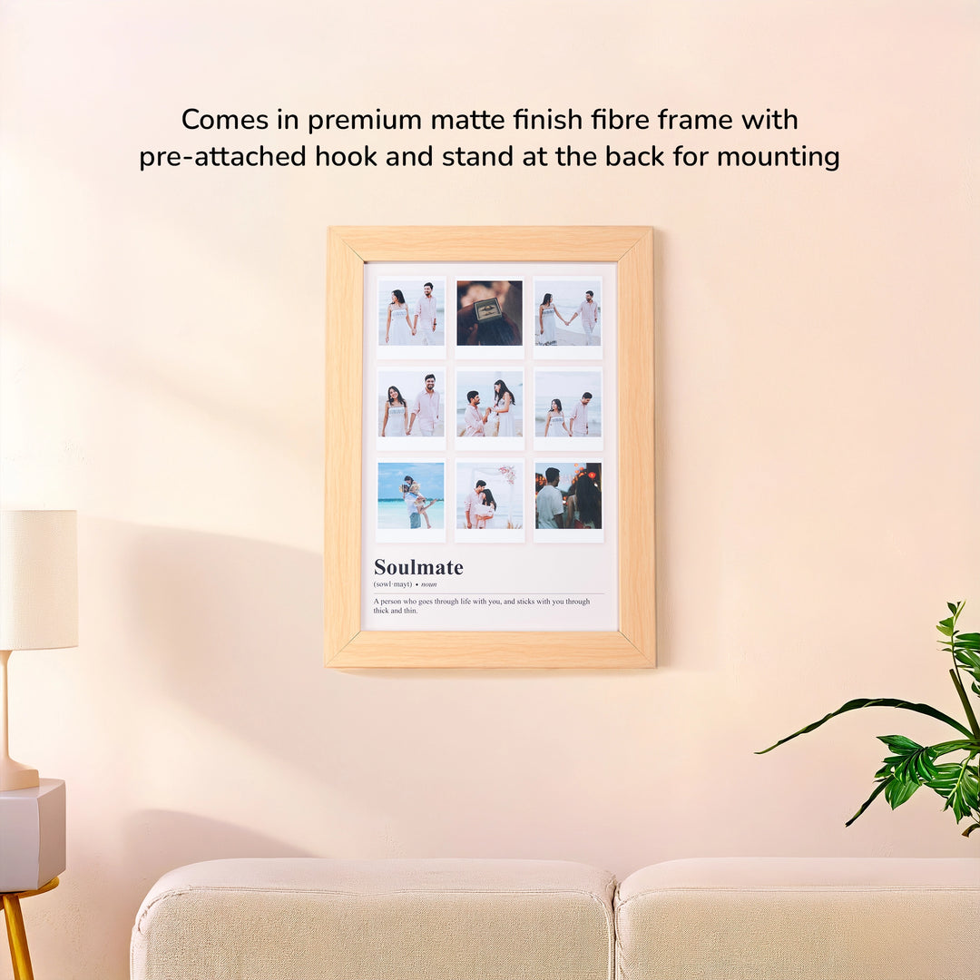 Flat lay of Soulmate Customized Photo and Text Collage Frame A4 Light Brown showing product details, customization options, and photo collage matte finish fiber frame