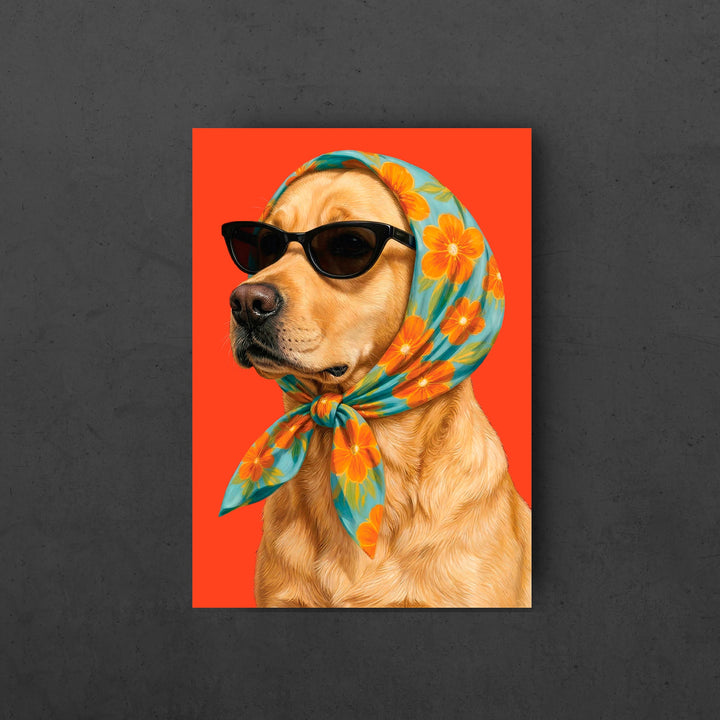 Sunglasses & Scarves Glamorous Dog Wall Art - close-up front view of poster featuring golden retriever with sunglasses and scarf on bold red background in black frame