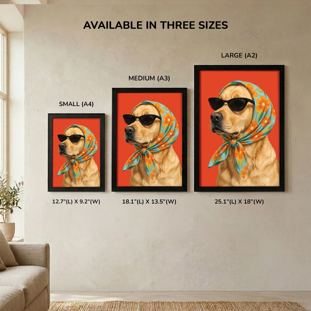 Sunglasses & Scarves Glamorous Dog Wall Art - size comparison showing Small, Medium, and Large frame options displayed together on a wall