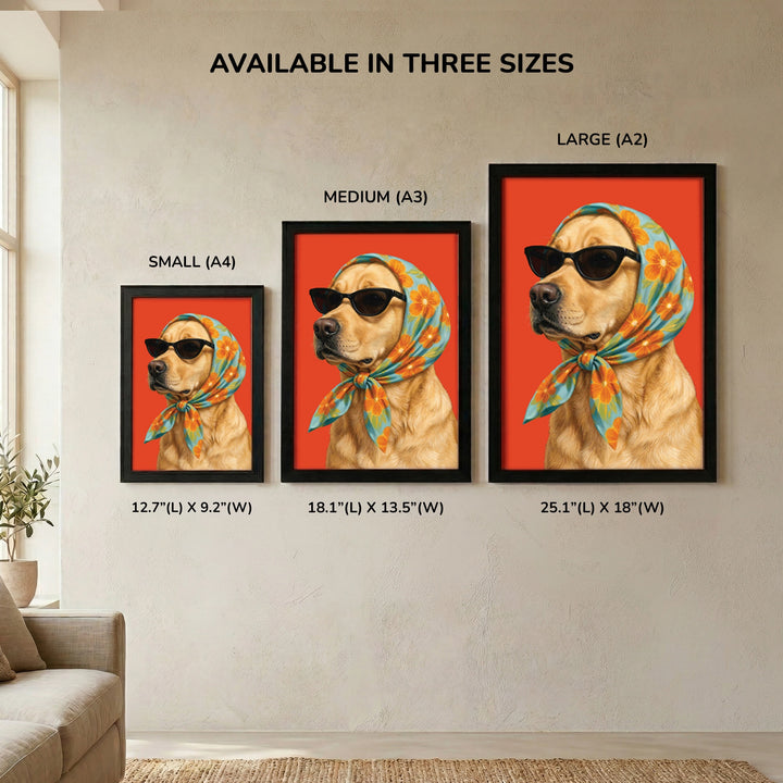 Sunglasses & Scarves Glamorous Dog Wall Art - size comparison showing Small, Medium, and Large frame options displayed together on a wall