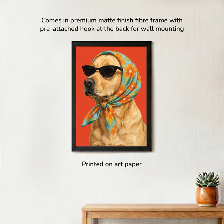 Sunglasses & Scarves Glamorous Dog Wall Art - framed print shown leaning against a white wall with a plant nearby, includes note about pre-attached hook for easy mounting