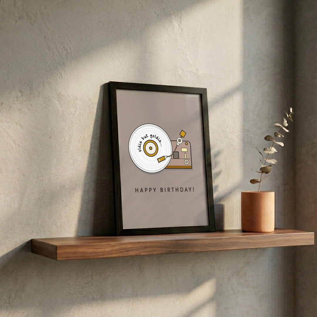 The Retro Spin frame placed on the narrow wooden plank, small planter 