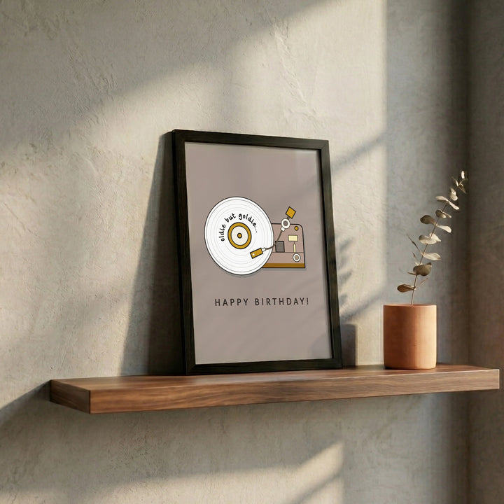 The Retro Spin frame placed on the narrow wooden plank, small planter 