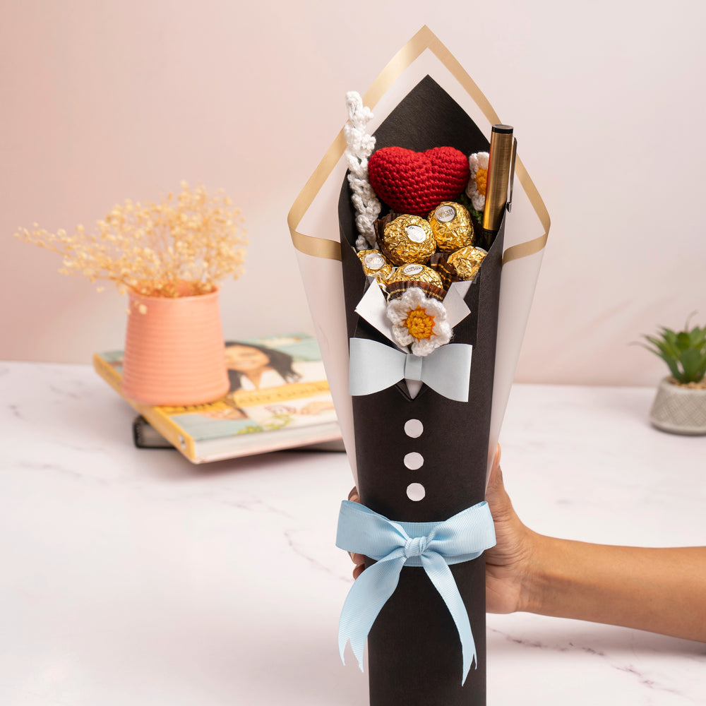 gentleman chocolate bouquet fathers day crochet handmade gift india