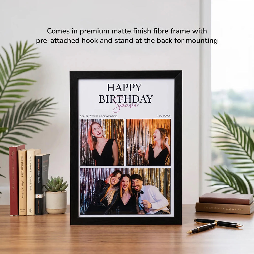 Celebrating You - A4 personalised birthday photo frame displayed on a desk with books, plants and books