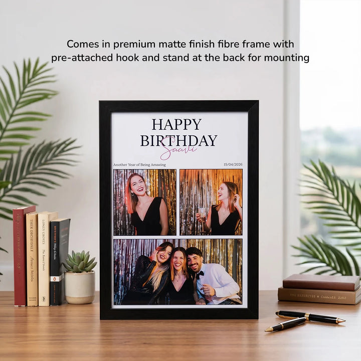 Celebrating You - A4 personalised birthday photo frame displayed on a desk with books, plants and books