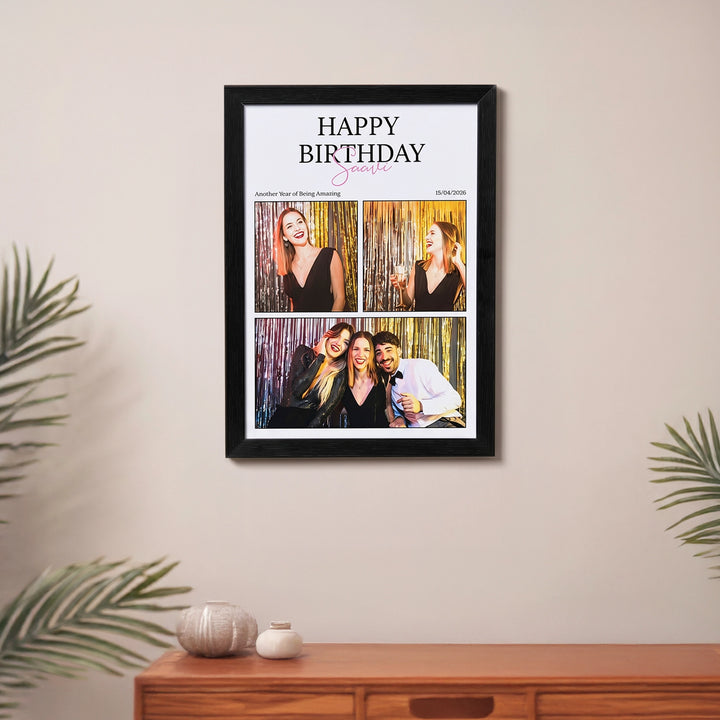 Celebrating You - A4 personalised birthday photo frame mounted on a wall with plants and home decor