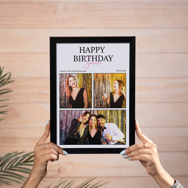 Celebrating You - personalised birthday photo frame in A4 black, held in hands featuring three photos and the recipient's name