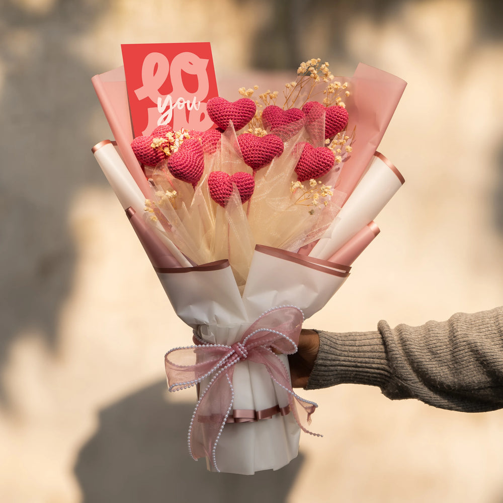 fluttering hearts crochet flower bouquet handmade gift india