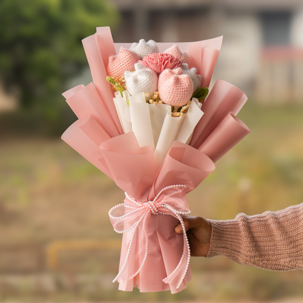 blush and bloom crochet tulip bouquet handmade gift india