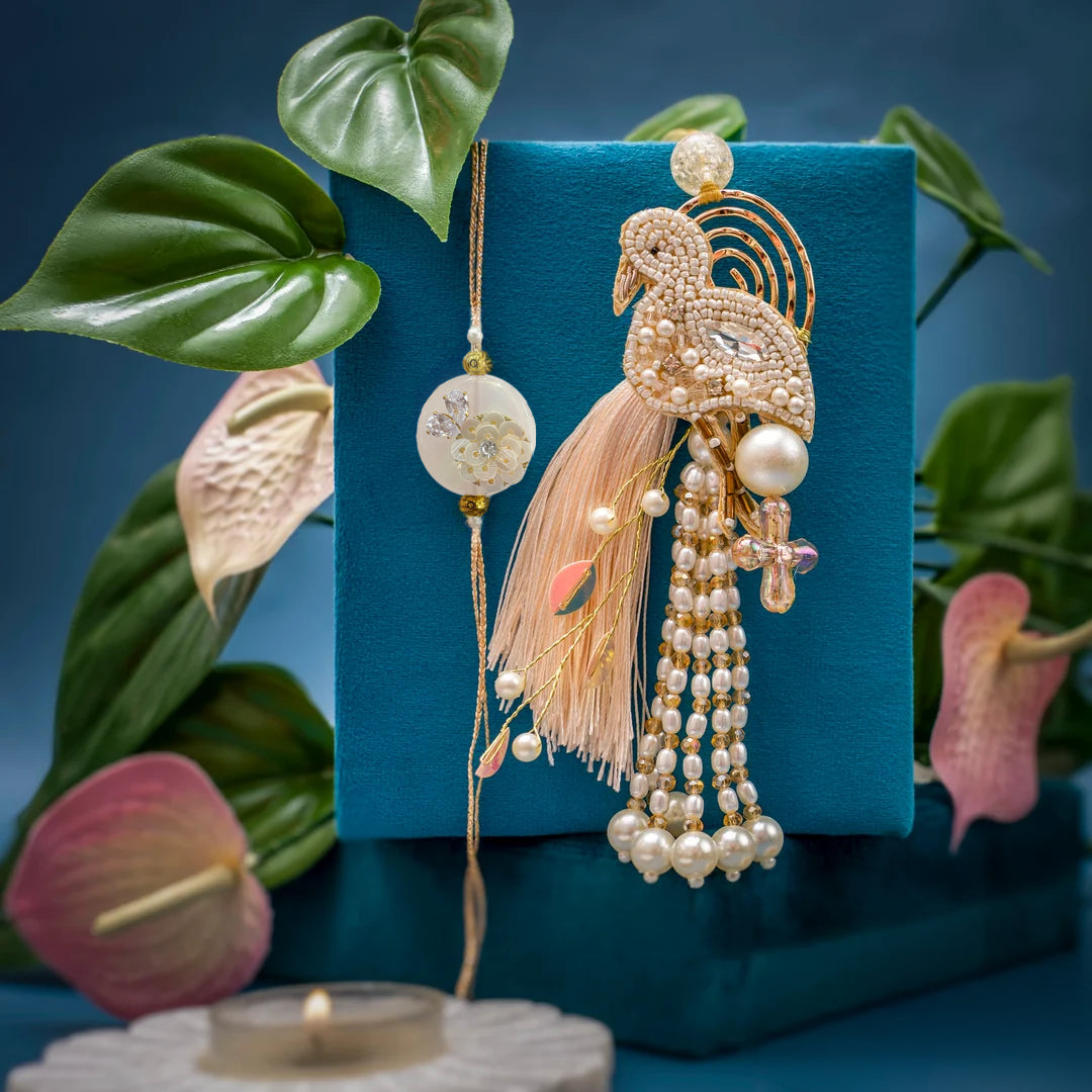Elegant Peacock Lumba Rakhi Set For Bhaiya - Bhabhi