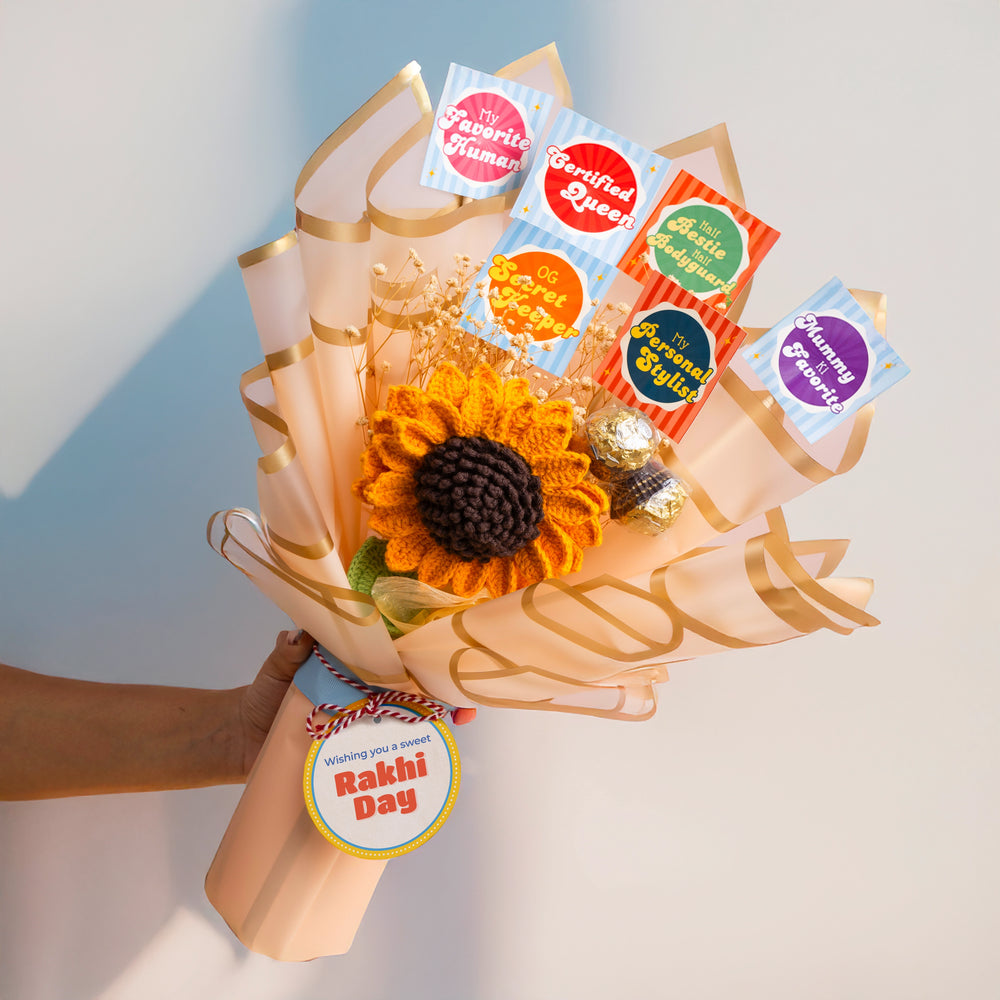 sugar sunflower sass rakhi bouquet crochet handmade gift india