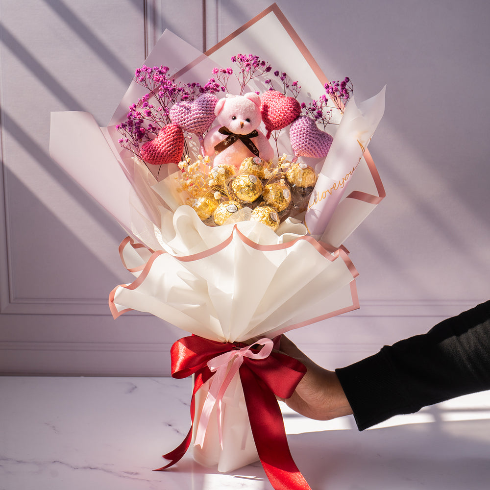choco cuddle special love bouquet crochet heart teddy handmade gift india
