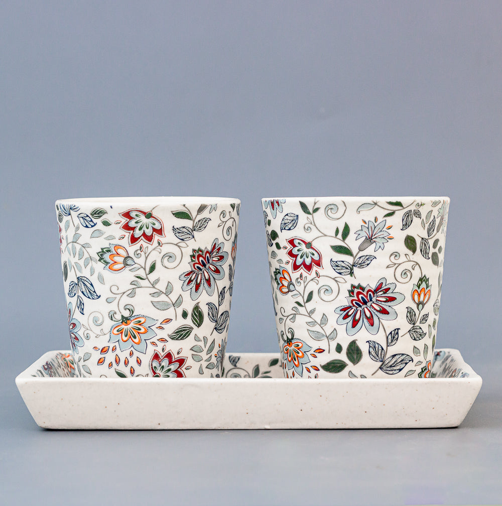 Floral Mugs With Tray
