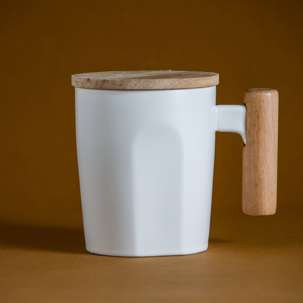 White Coffee Mug With Wooden Handle