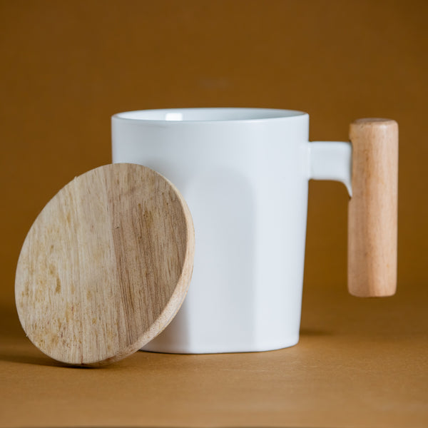 White Coffee Mug With Wooden Handle